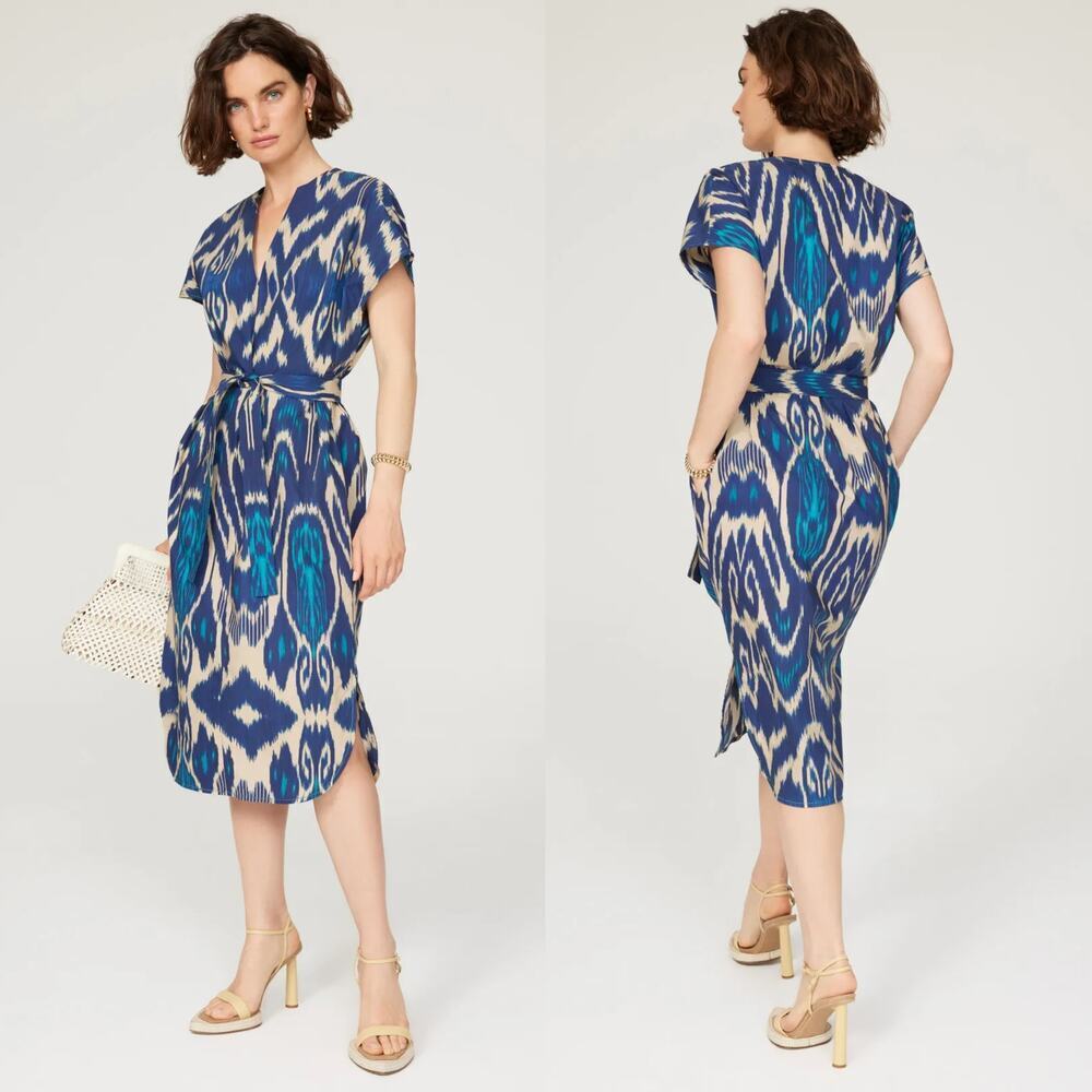 Vanessa Bruno Amarilla Dress Abstract Print V-Neck Tunic Midi Blue FR 40 US 8